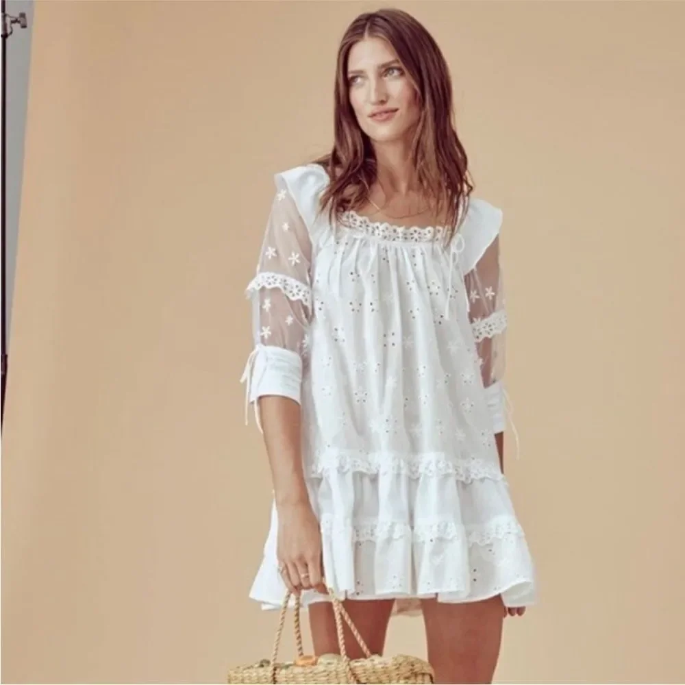 For Love And Lemons Hermosa Eyelet Mini Dress Tunic Beige Sz Small Tulle Sleeve - Picture 1 of 15